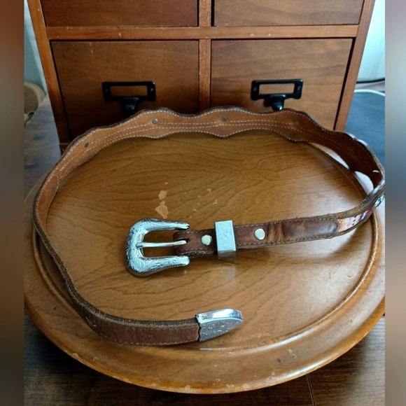 Vintage Brown Leather Belt with Embroidery And Silver Buckle - Picture 2 of 5